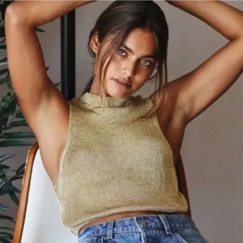 NEW FREE PEOPLE Olive/Gold Shine Slinky Sexy Kimmi Crop Tank Top Sz S/P NWOT